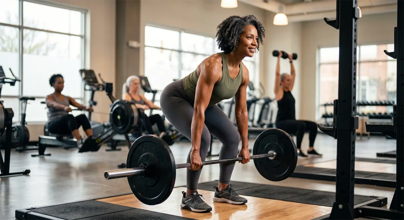 A strong woman in her 50s performing resistance training in a gym, representing the importance of strength exercise alongside HRT for menopausal weight management and body composition
