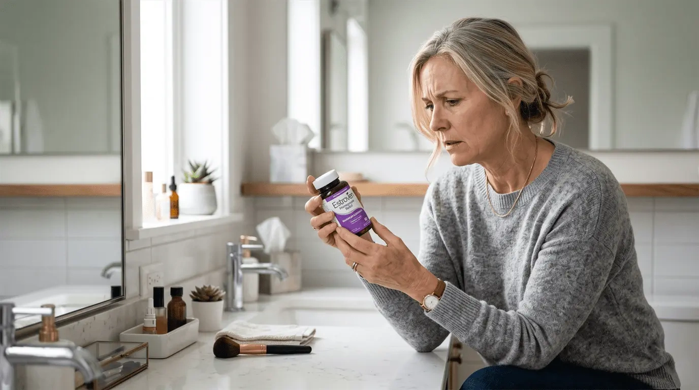 Woman in her 50s carefully reading Estroven supplement label to understand potential side effects before taking for menopause