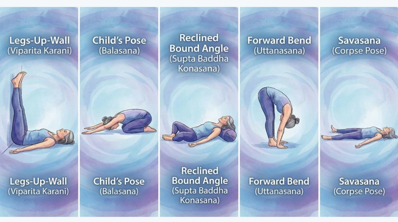 Illustrated guide showing therapeutic yoga poses for menopause hot flash relief and stress reduction