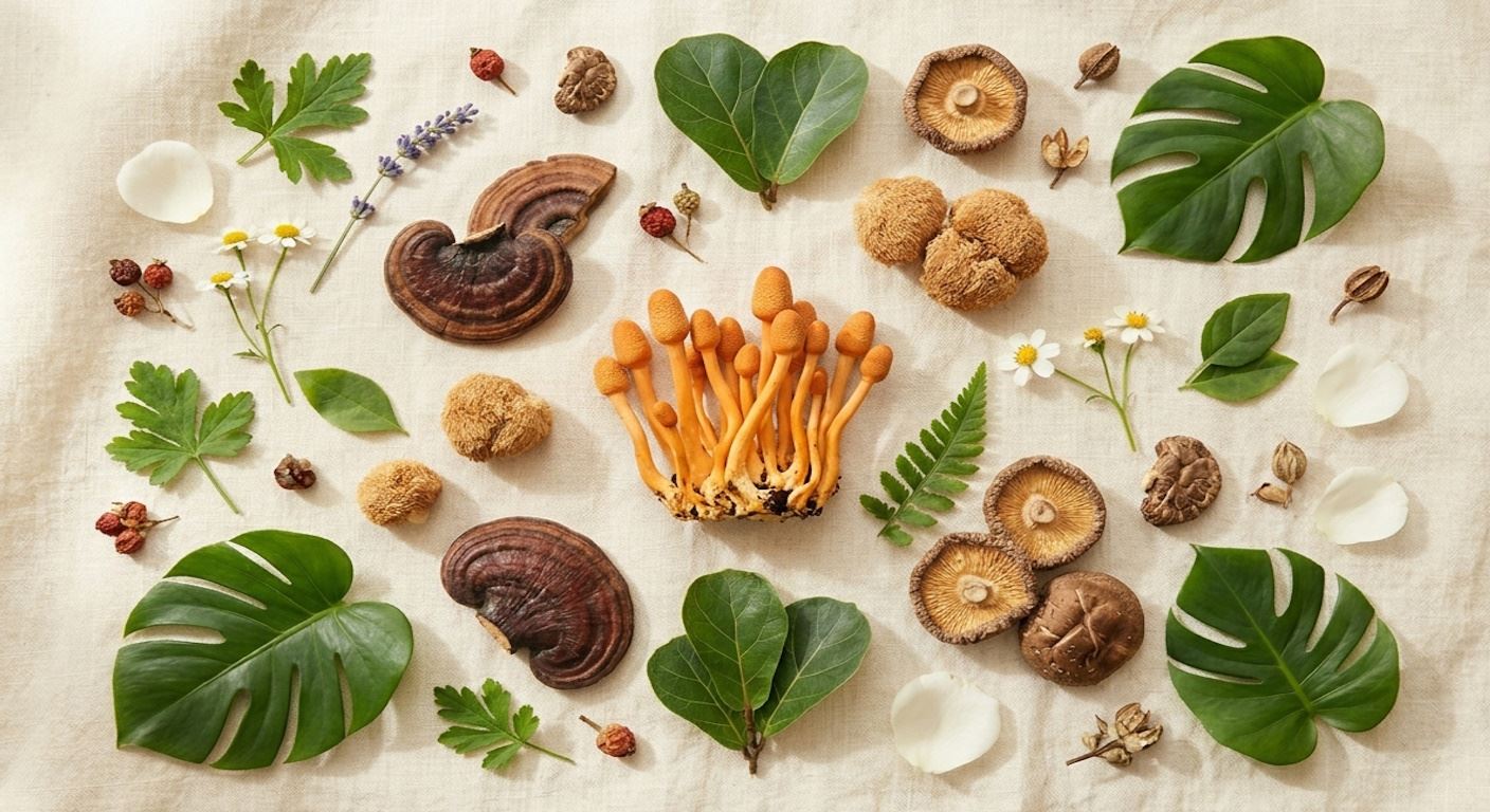Mushrooms and botanicals flat-lay
