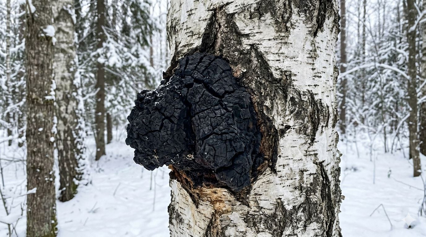 A closeup view of Chaga mushroom growing on a birch tree