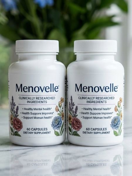 2 bottles of menovelle product on marble table