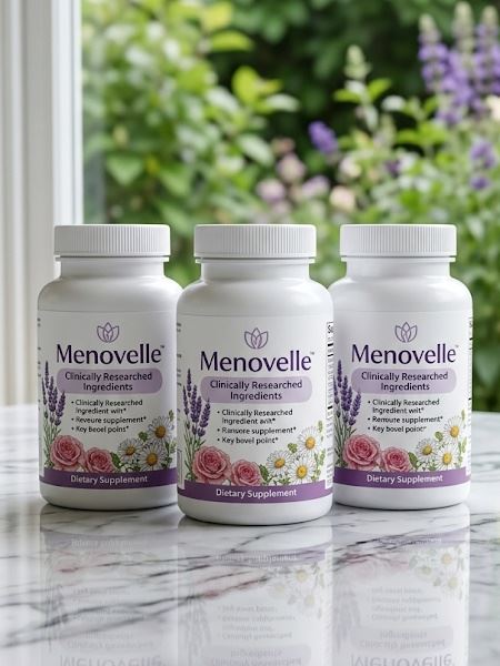 3 bottles of menovelle product on marble table