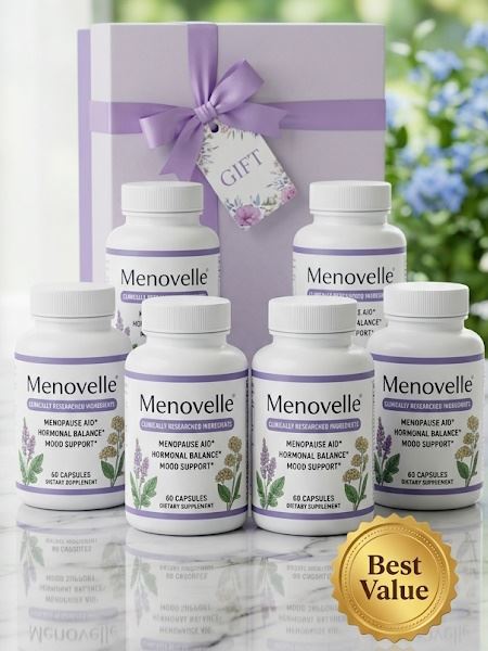 6 bottles of menovelle product on marble table with gift