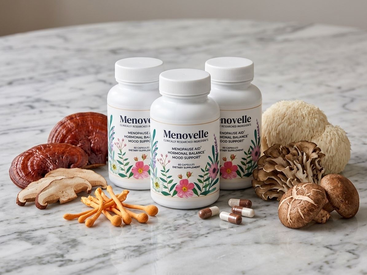 A closeup view of 3 menovelle bottles on marle table with mushrooms