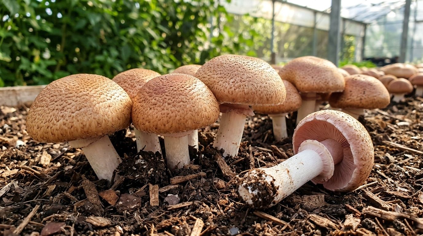 A closeup view of Royal Sun Agaricus mushroom caps