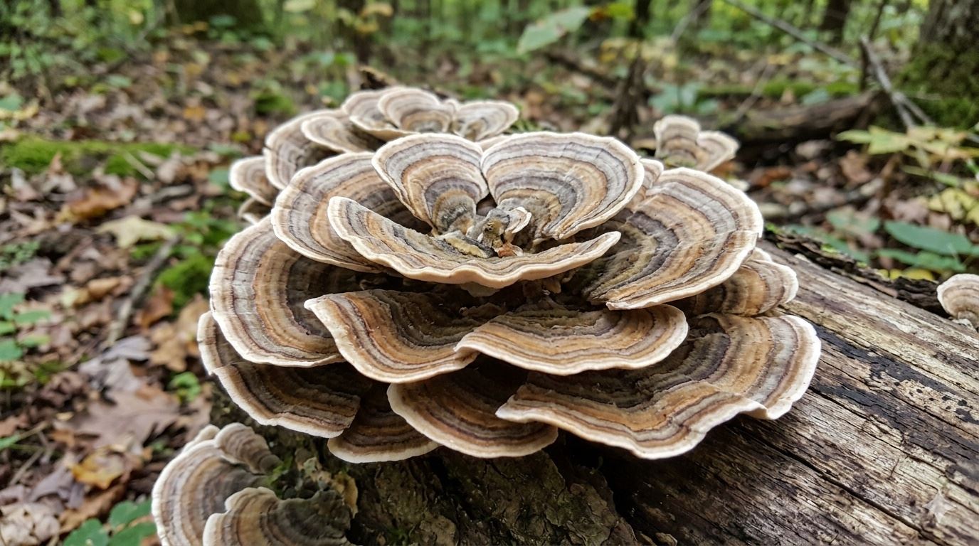 A closeup view of Turkey Tail mushroom growing on a log